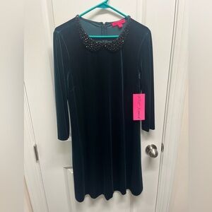 Betsey Johnson Dark Green Velvet Long Sleeve Beaded Collar Holiday Dress Size 12